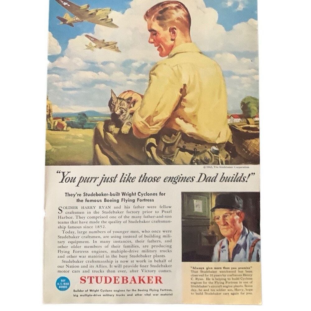 Vintage 1943 Studebaker Purr Just Like Those Engines Ad Advertisement